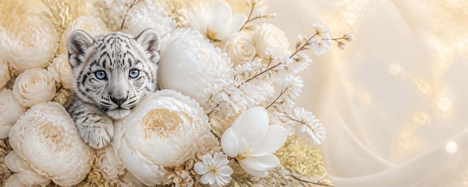 Baby snow leopard nestled among ivory peonies and cherry blossoms